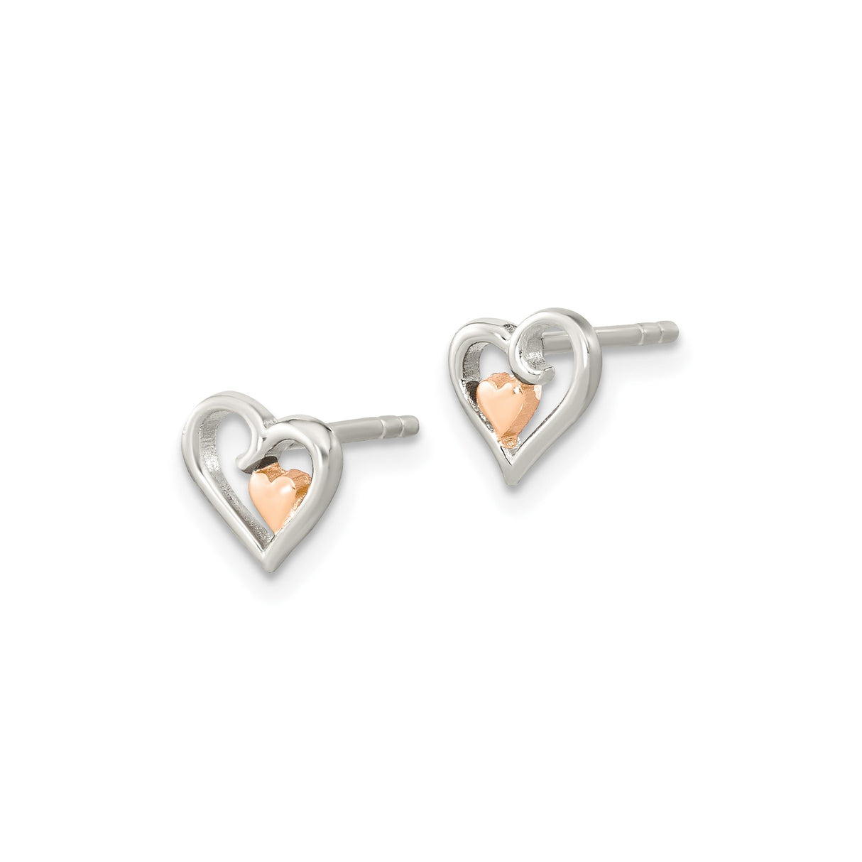 Sterling Silver Open Heart Stud Earrings with Rose Gold Accent, Romantic Dual Tone Design