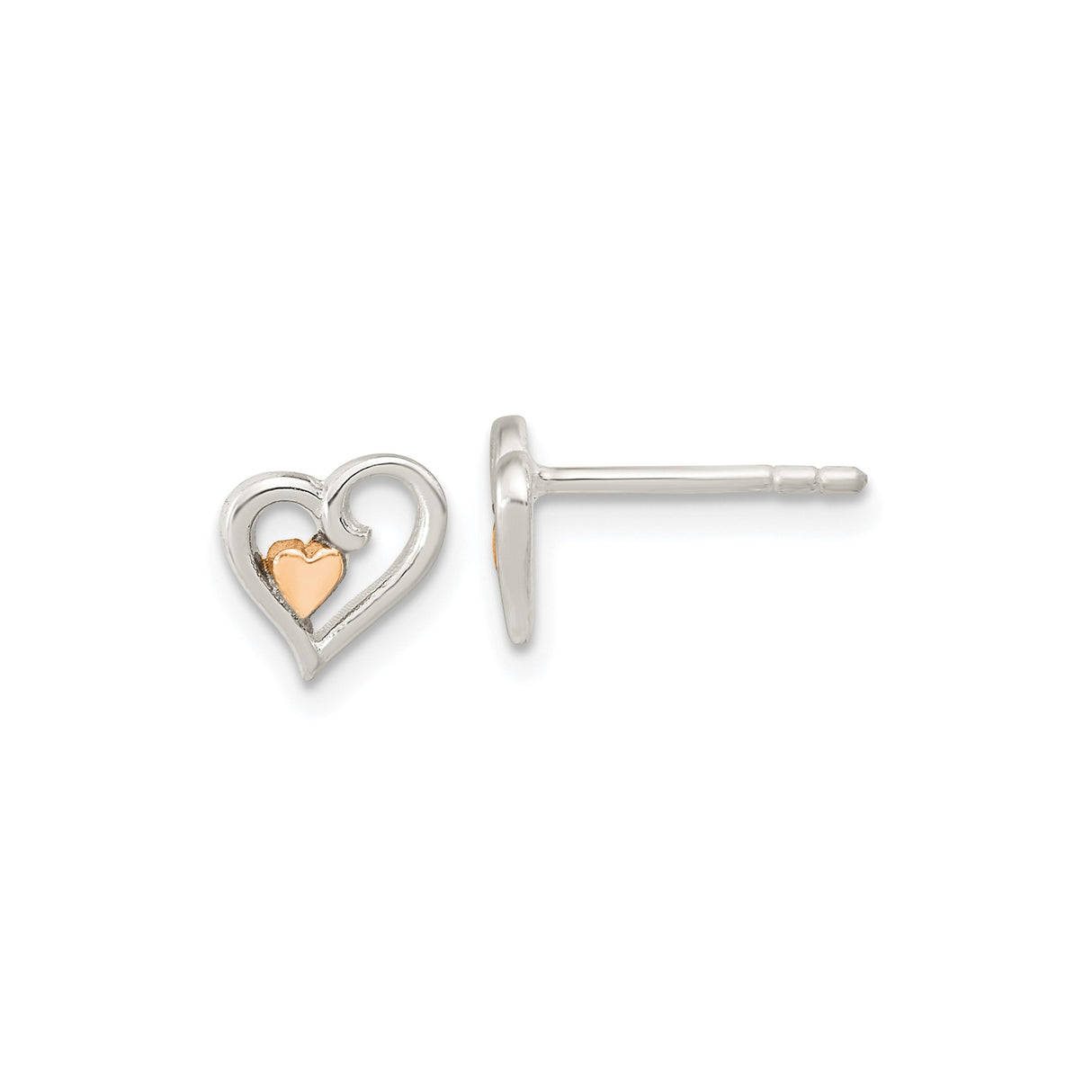 Sterling Silver Open Heart Stud Earrings with Rose Gold Accent, Romantic Dual Tone Design