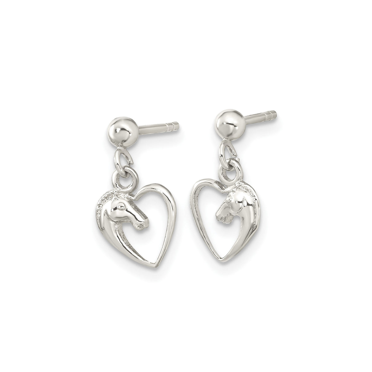 Sterling Silver Dangle Earrings with Horse Head in Open Heart Design, Equestrian Style for Women