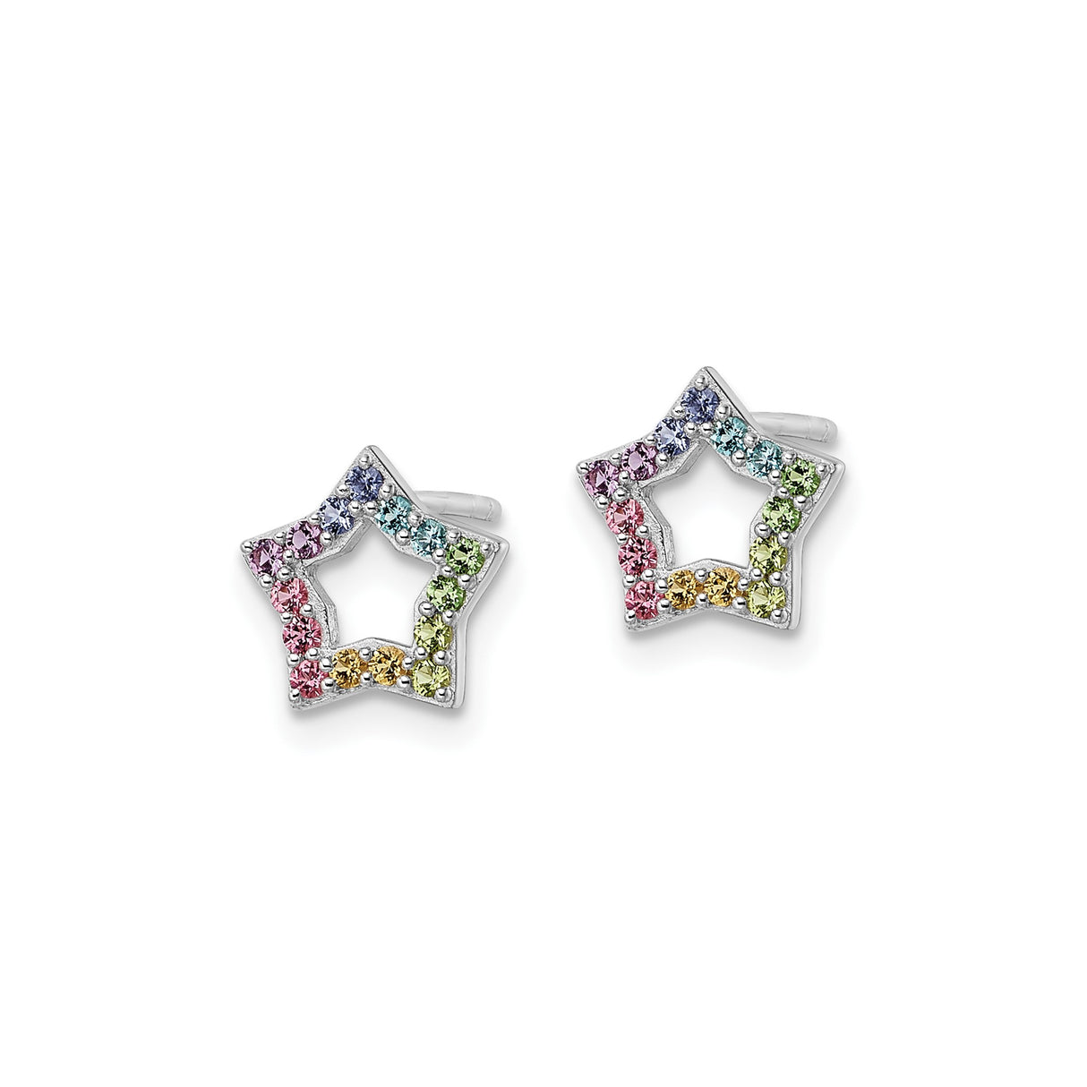 Sterling Silver Star Stud Earrings with Multicolor Cubic Zirconia, Rainbow Open Center Design