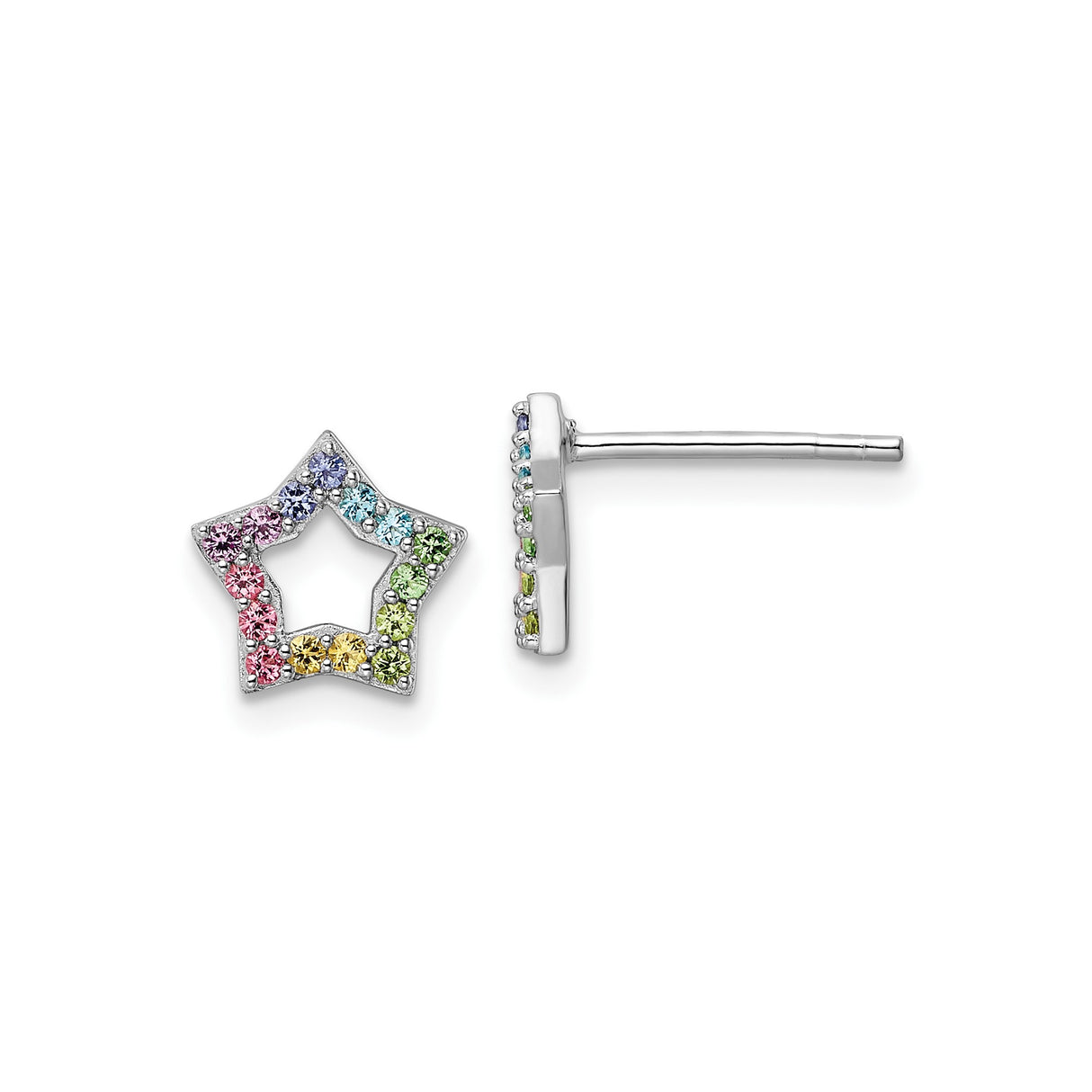 Sterling Silver Star Stud Earrings with Multicolor Cubic Zirconia, Rainbow Open Center Design
