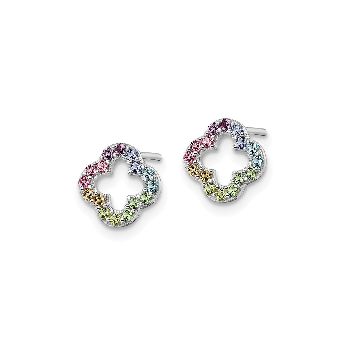 Sterling Silver Stud Earrings with Multicolor Cubic Zirconia Clover Floral Design