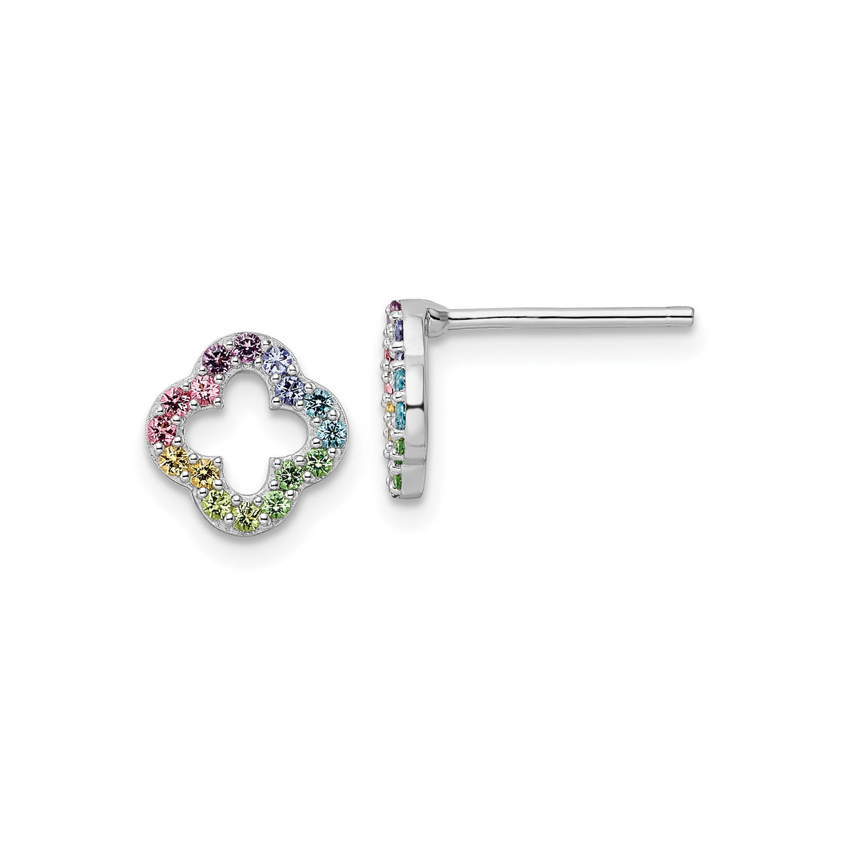Sterling Silver Stud Earrings with Multicolor Cubic Zirconia Clover Floral Design
