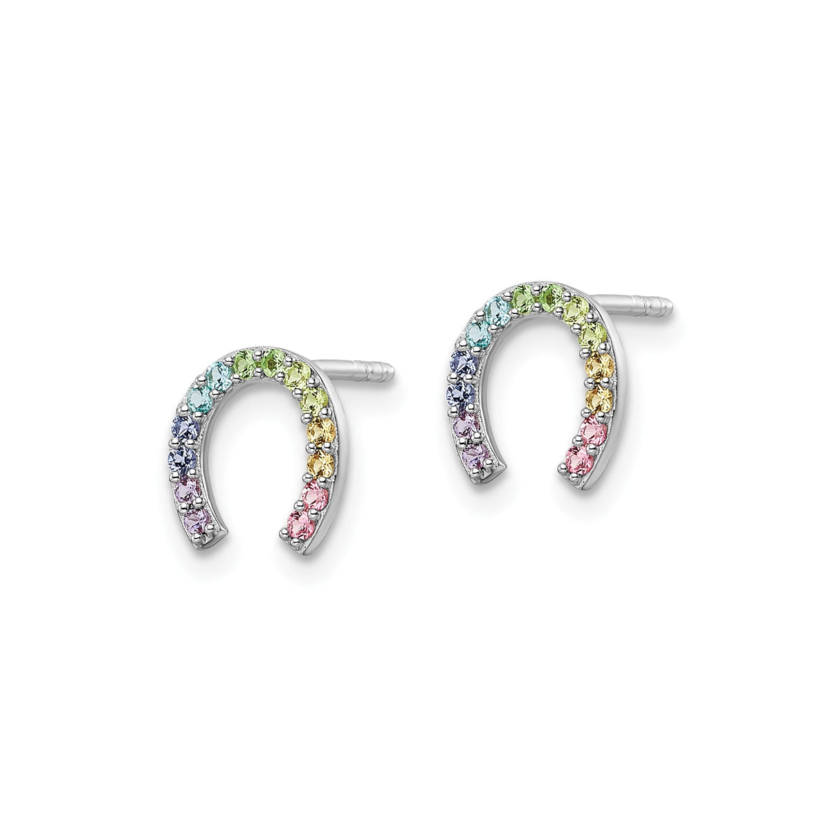Sterling Silver Horseshoe Stud Earrings with Multicolor Cubic Zirconia, Rainbow Luck Symbol Jewelry