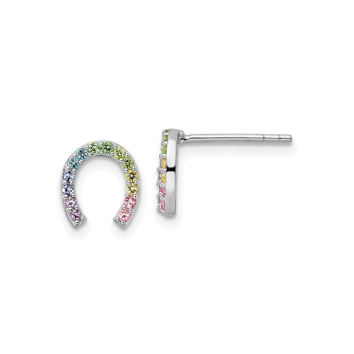 Sterling Silver Horseshoe Stud Earrings with Multicolor Cubic Zirconia, Rainbow Luck Symbol Jewelry