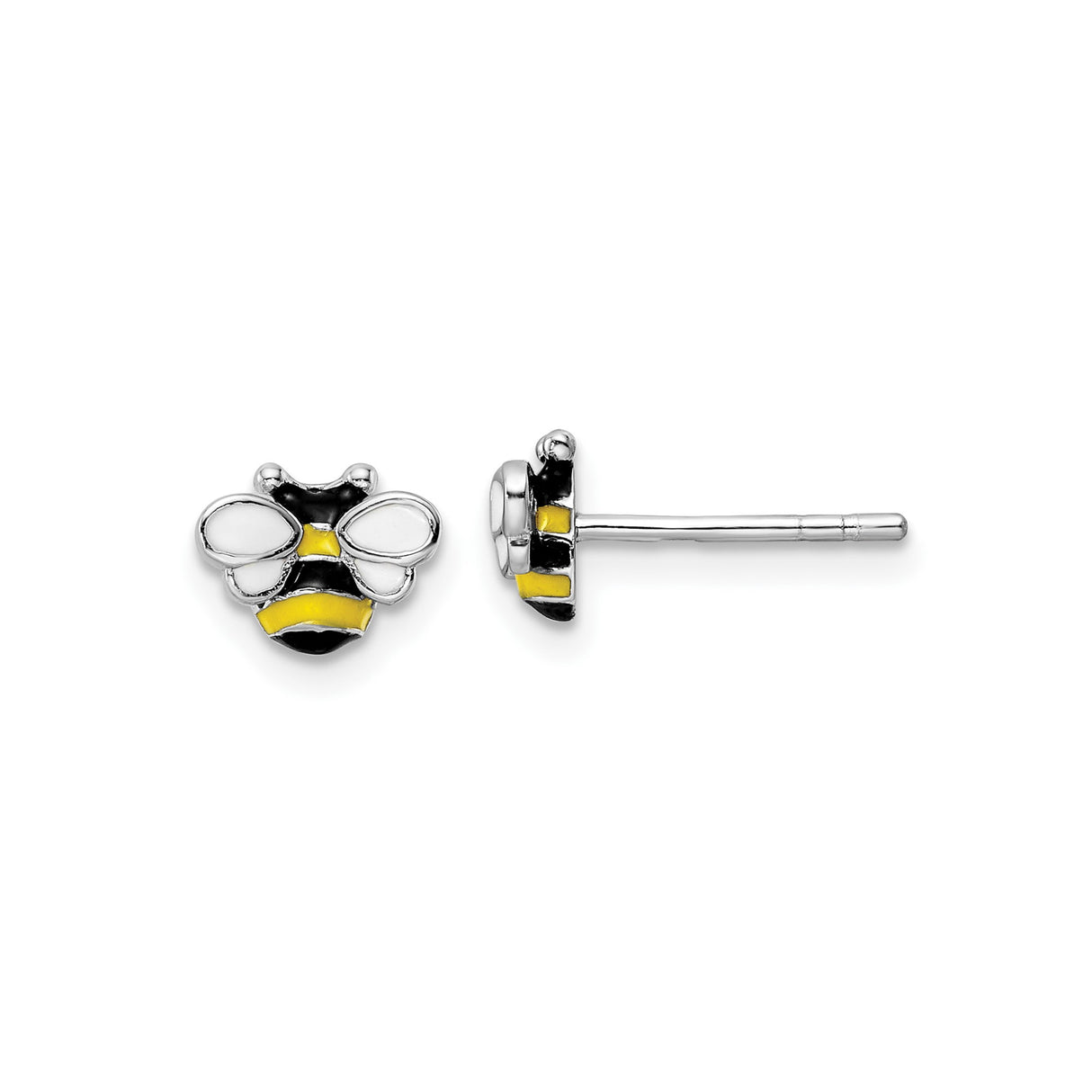 Sterling Silver Bee Stud Earrings with Black and Yellow Enamel, Nature Motif for Women