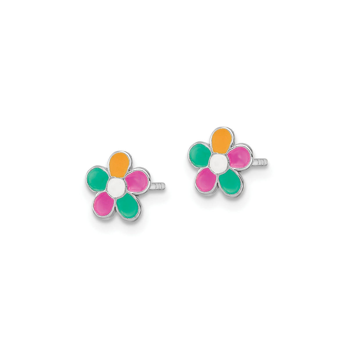 Sterling Silver Flower Stud Earrings with Pink, Green, Yellow, and White Enamel Petals for Teens