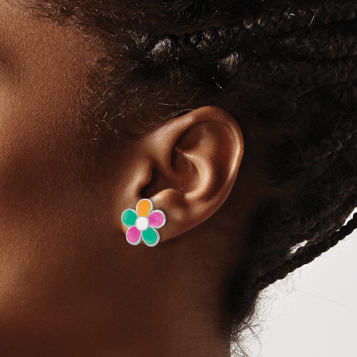 Sterling Silver Flower Stud Earrings with Pink, Green, Yellow, and White Enamel Petals for Teens
