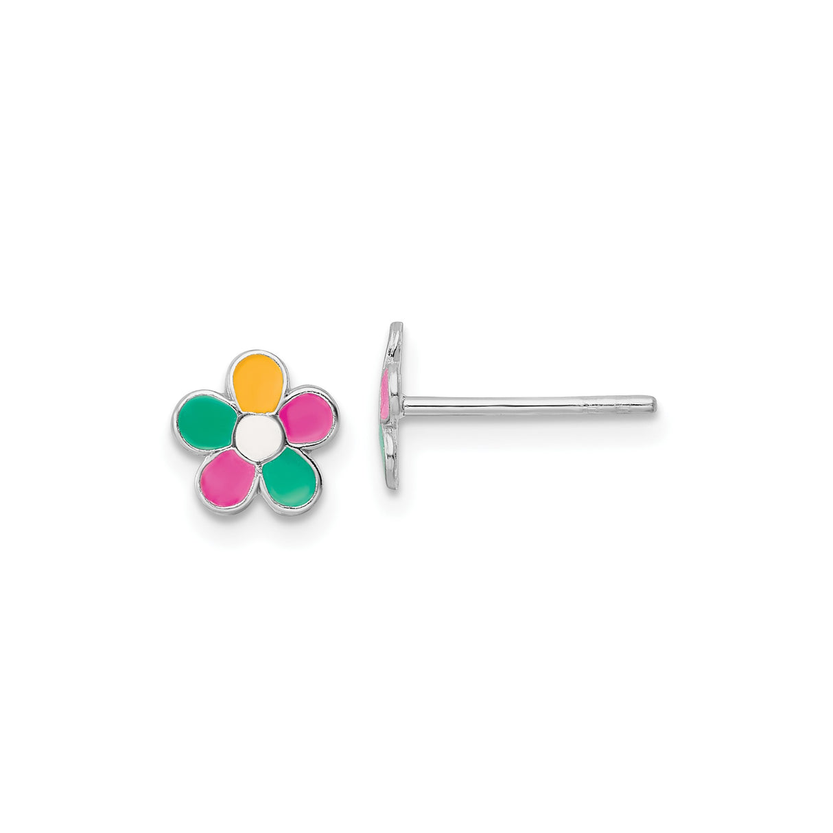 Sterling Silver Flower Stud Earrings with Pink, Green, Yellow, and White Enamel Petals for Teens