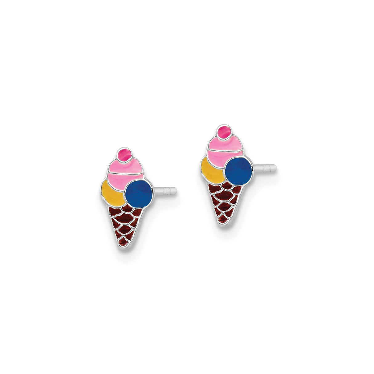 Sterling Silver Ice Cream Cone Stud Earrings with Colorful Enamel, Fun Summer Dessert Theme for Girls