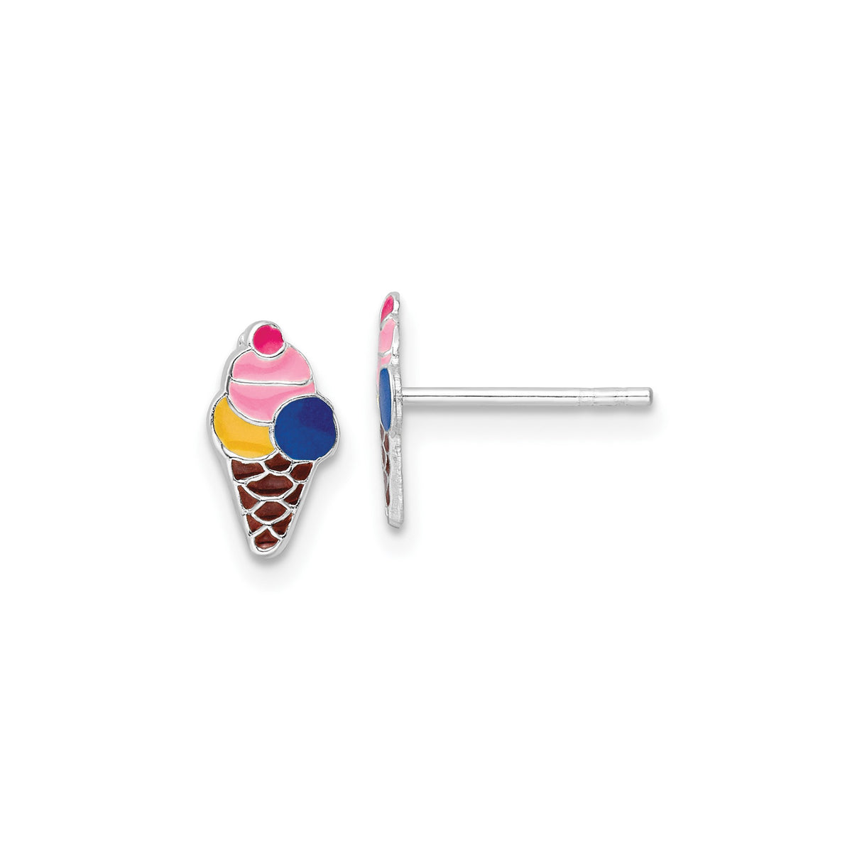 Sterling Silver Ice Cream Cone Stud Earrings with Colorful Enamel, Fun Summer Dessert Theme for Girls
