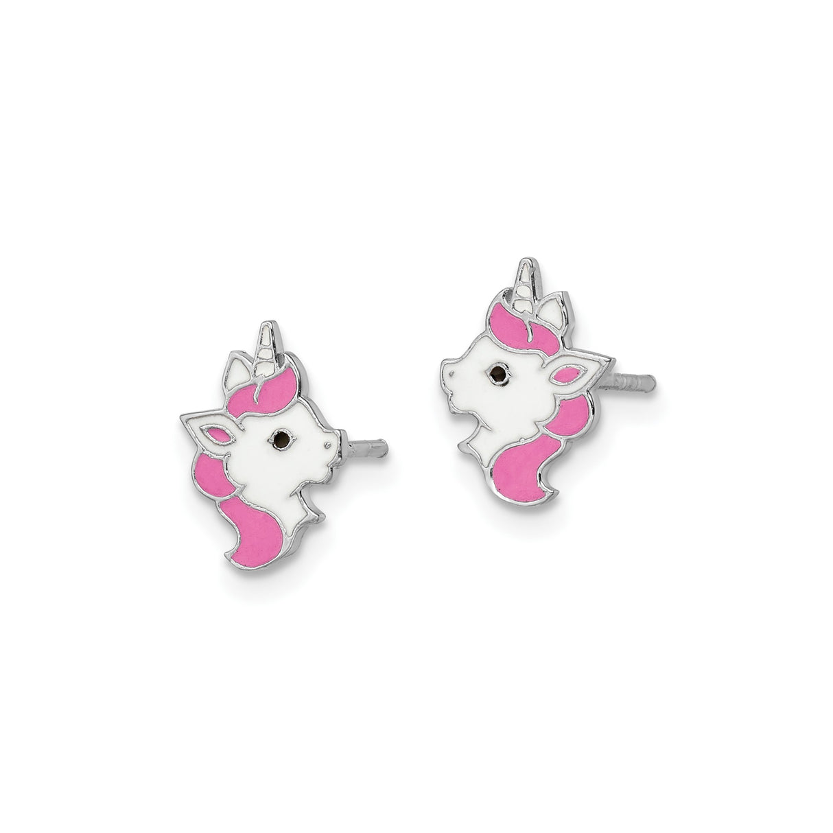 Sterling Silver Unicorn Stud Earrings with Pink and White Enamel, Whimsical Design for Girls