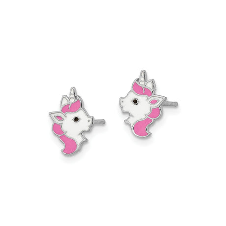 Sterling Silver Unicorn Stud Earrings with Pink and White Enamel, Whimsical Design for Girls