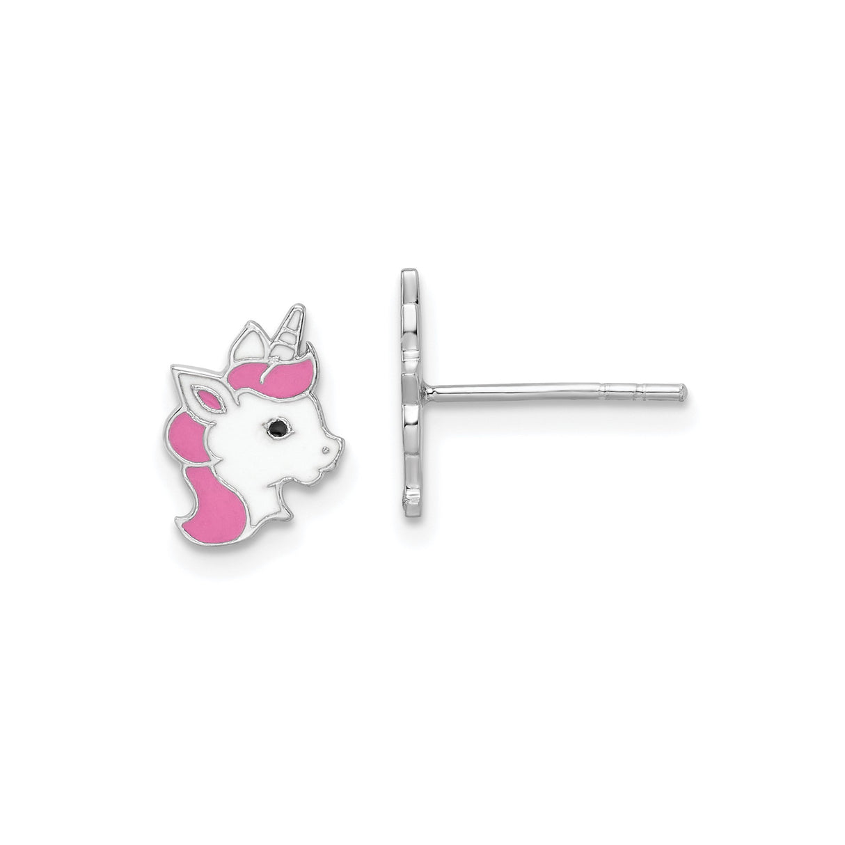 Sterling Silver Unicorn Stud Earrings with Pink and White Enamel, Whimsical Design for Girls