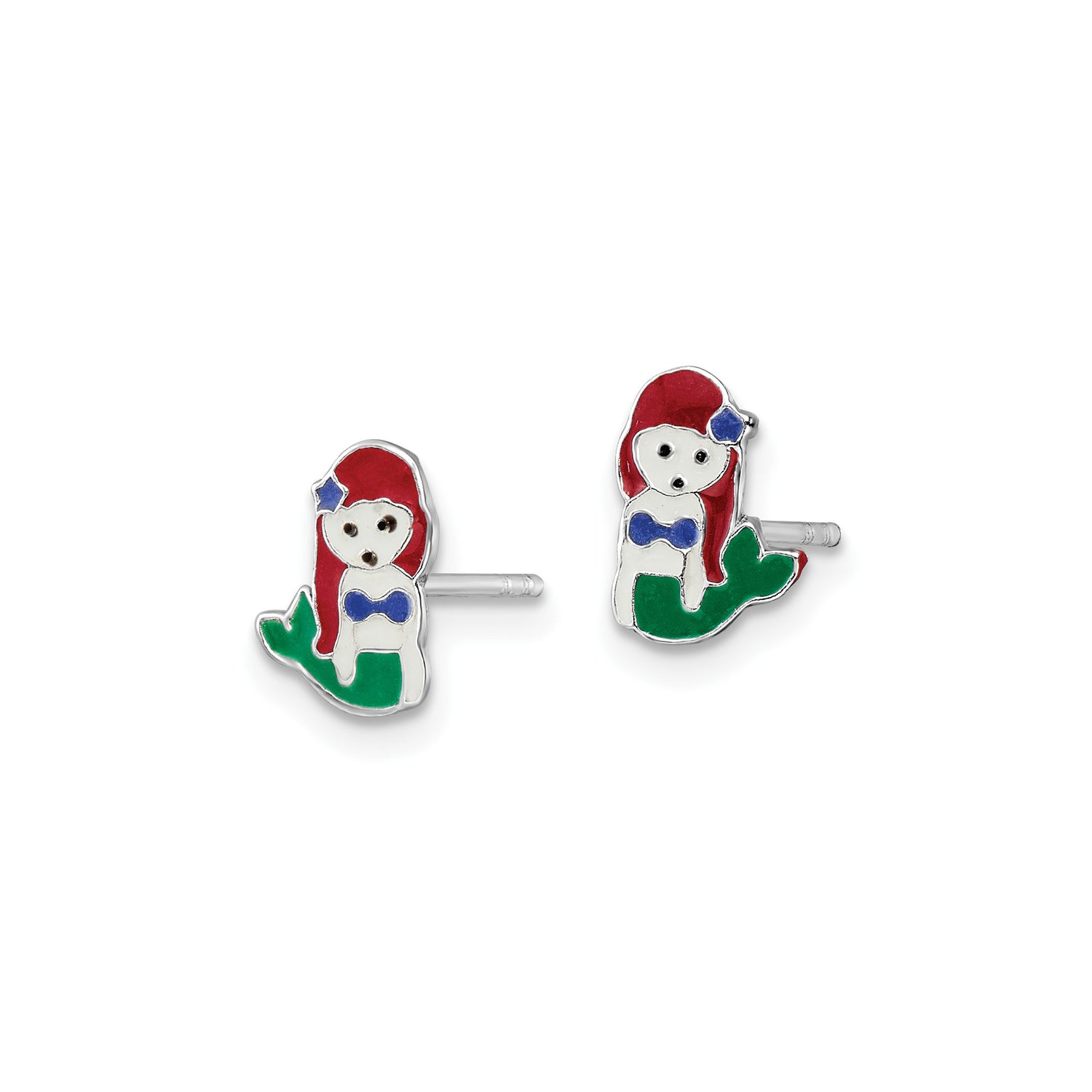 Sterling Silver Mermaid Stud Earrings with Enamel Red Hair, Green Tail, and Blue Accents