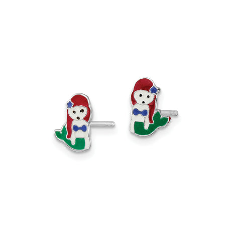 Sterling Silver Mermaid Stud Earrings with Enamel Red Hair, Green Tail, and Blue Accents
