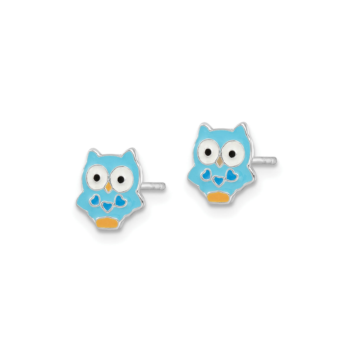 Sterling Silver Owl Stud Earrings with Blue Enamel and Heart Accents for Girls
