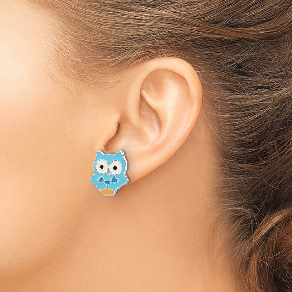 Sterling Silver Owl Stud Earrings with Blue Enamel and Heart Accents for Girls