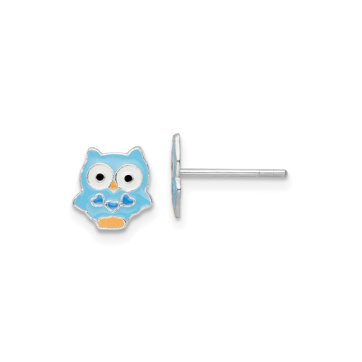 Sterling Silver Owl Stud Earrings with Blue Enamel and Heart Accents for Girls