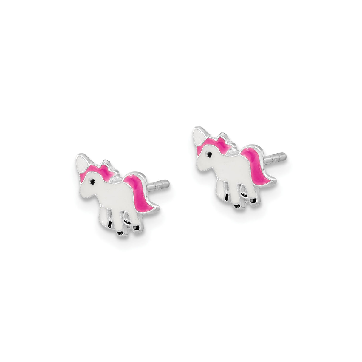 Sterling Silver Unicorn Stud Earrings with Pink and White Enamel, Whimsical Design for Girls