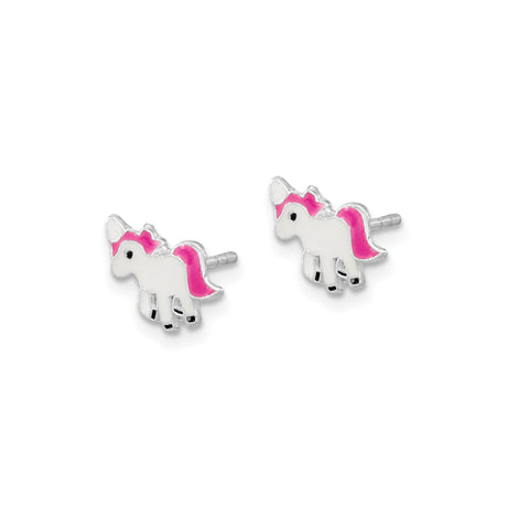 Sterling Silver Unicorn Stud Earrings with Pink and White Enamel, Whimsical Design for Girls