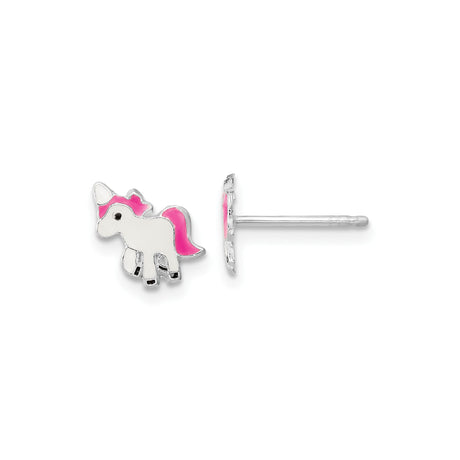 Sterling Silver Unicorn Stud Earrings with Pink and White Enamel, Whimsical Design for Girls