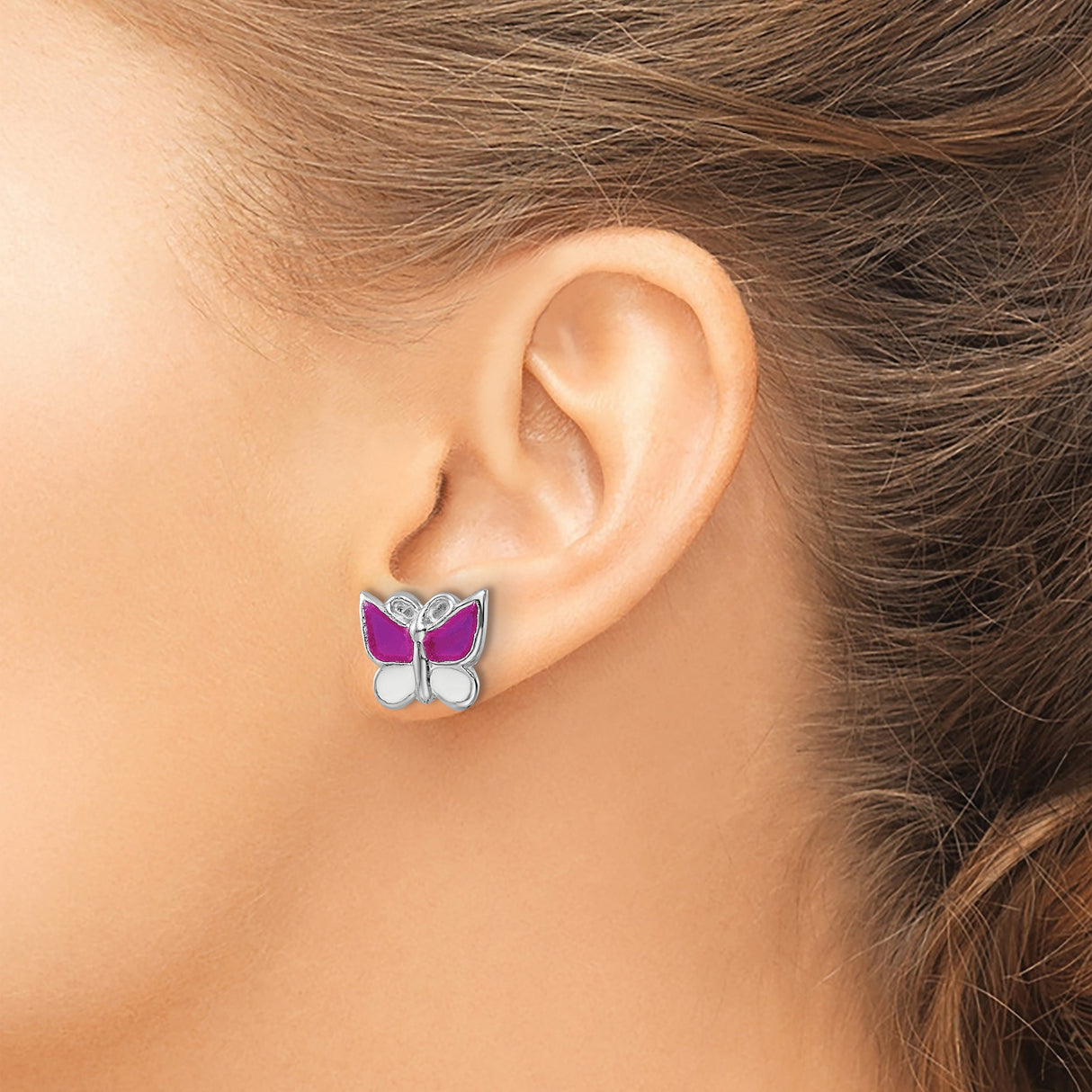 Sterling Silver Butterfly Stud Earrings with Pink and White Enamel, Youthful Style for Girls and Women