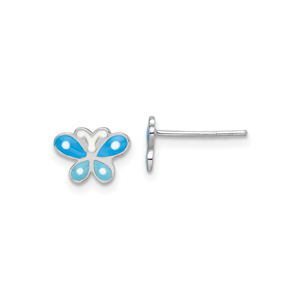 Sterling Silver Butterfly Stud Earrings with Blue and White Enamel Accents, Hypoallergenic Posts