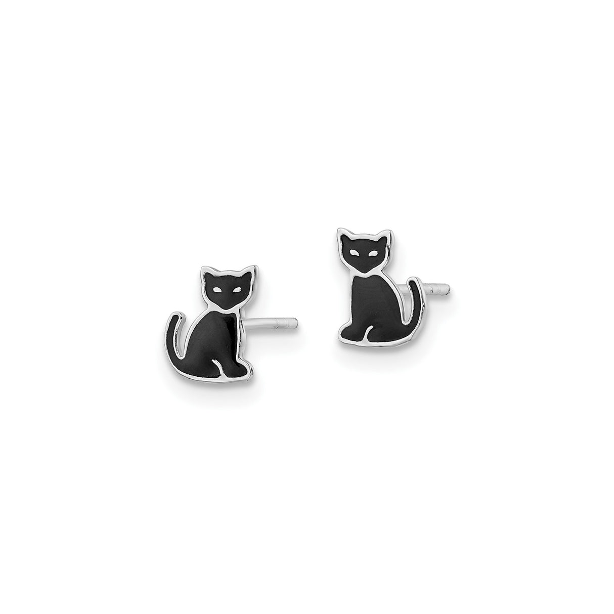 Sterling Silver Cat Silhouette Stud Earrings with Black Enamel for Women and Girls