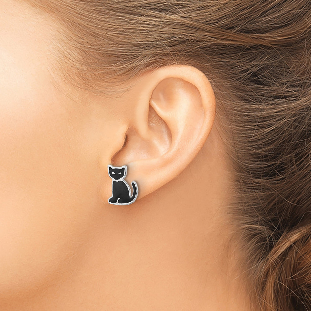 Sterling Silver Cat Silhouette Stud Earrings with Black Enamel for Women and Girls