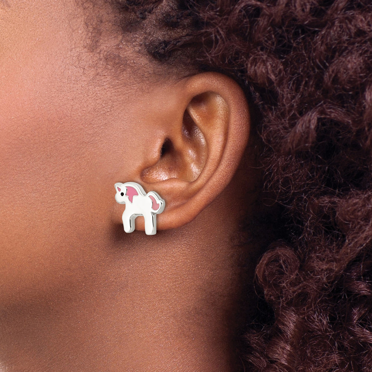 Sterling Silver Unicorn Stud Earrings with Pink Enamel Accents, Whimsical Fantasy Design for Girls