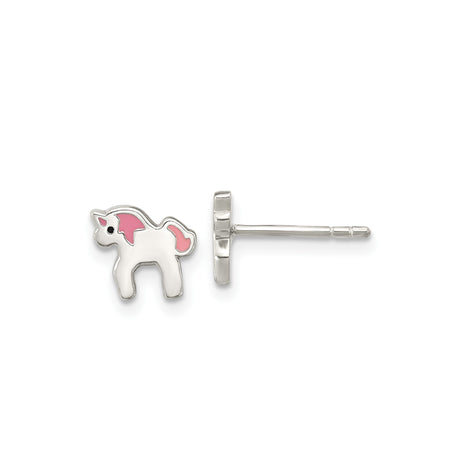 Sterling Silver Unicorn Stud Earrings with Pink Enamel Accents, Whimsical Fantasy Design for Girls