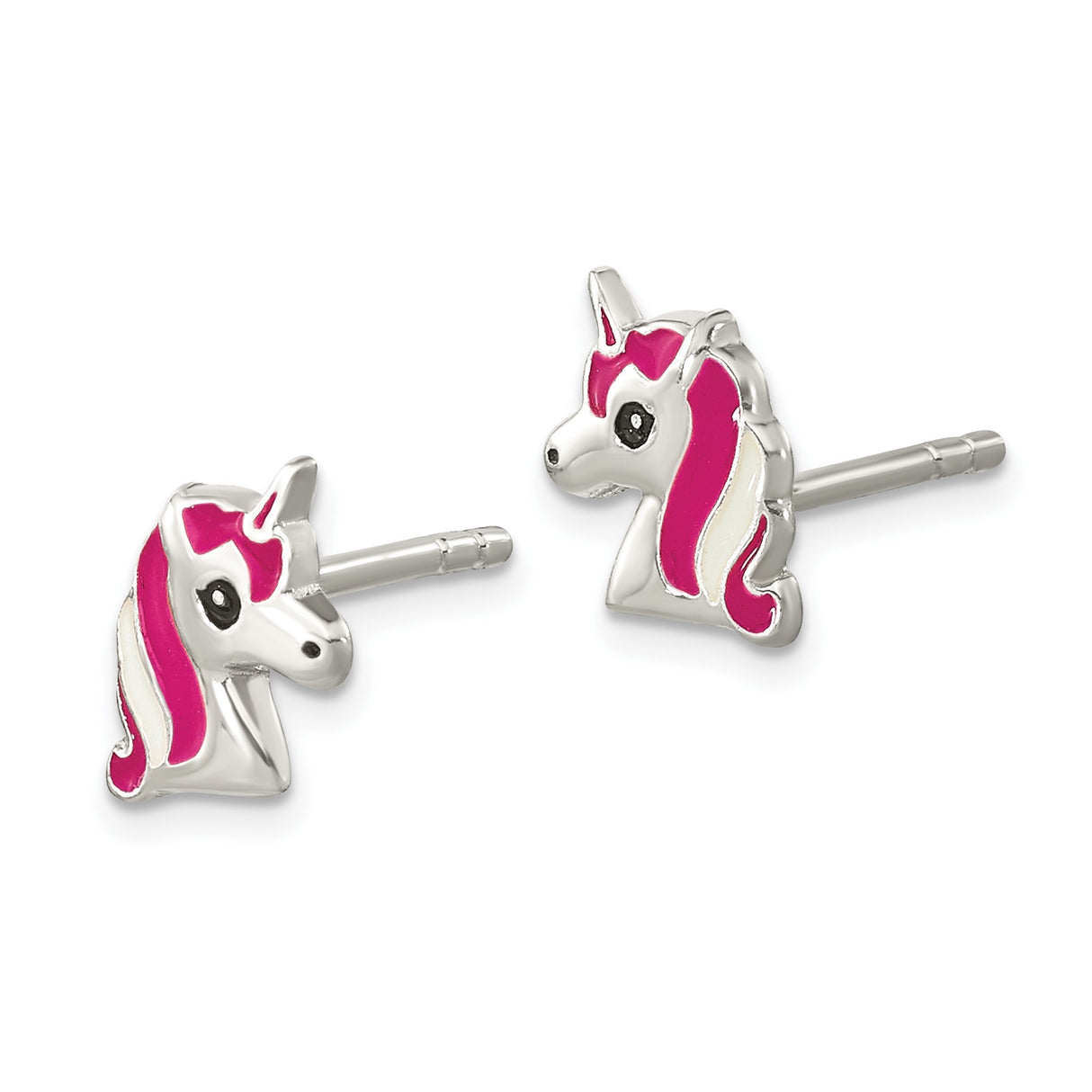 Sterling Silver Unicorn Stud Earrings with Pink and White Enamel, Whimsical Fantasy Design for Girls