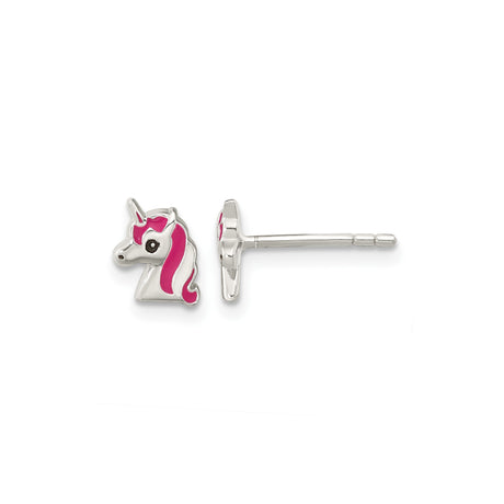 Sterling Silver Unicorn Stud Earrings with Pink and White Enamel, Whimsical Fantasy Design for Girls