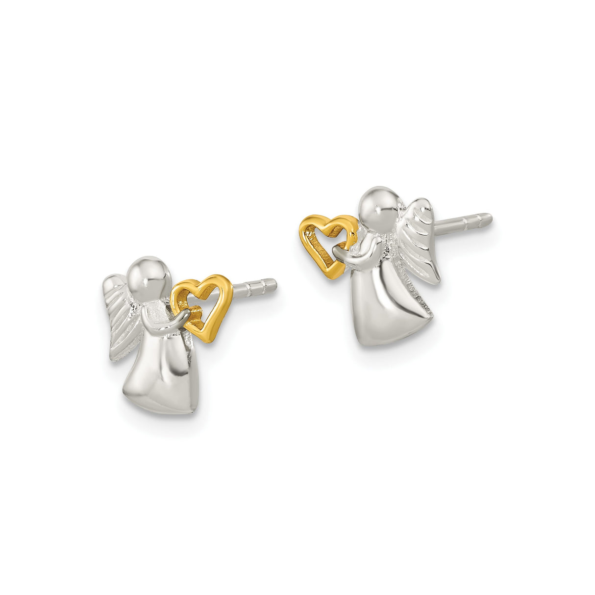 Sterling Silver Angel Stud Earrings with Gold Plated Heart, Two Tone Religious Design
