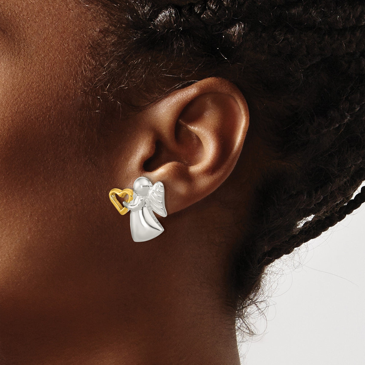 Sterling Silver Angel Stud Earrings with Gold Plated Heart, Two Tone Religious Design