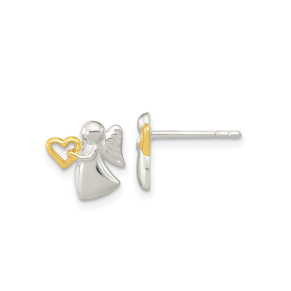 Sterling Silver Angel Stud Earrings with Gold Plated Heart, Two Tone Religious Design