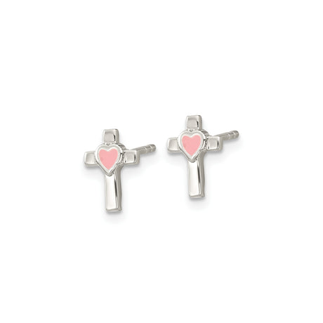 Sterling Silver Cross Pendant with Gold Enamel and Pink Heart, Matching Stud Earrings