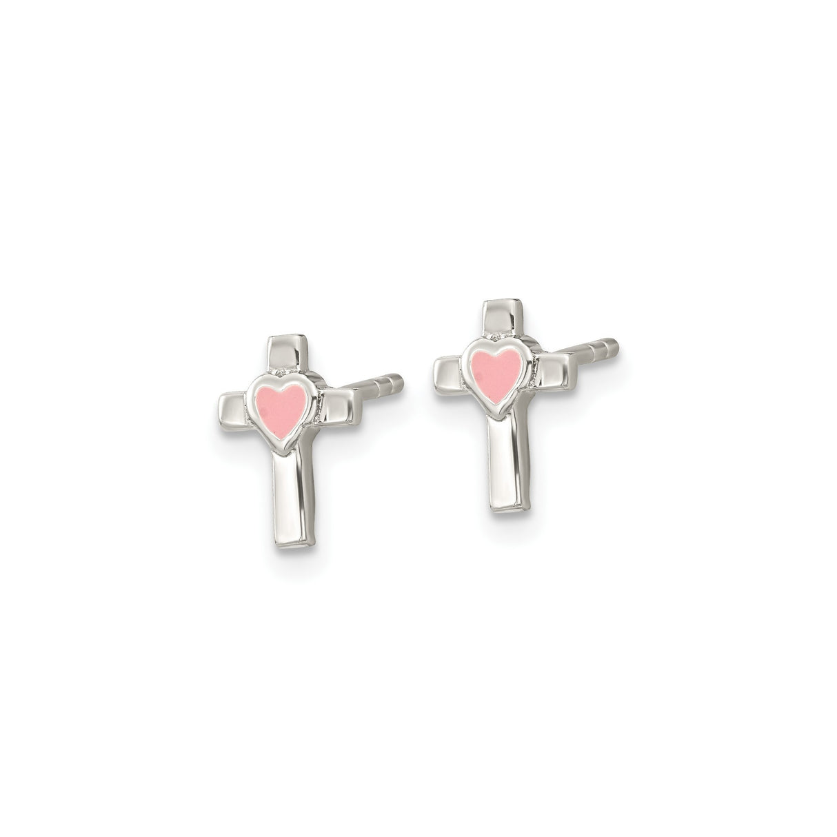 Sterling Silver Cross Pendant with Gold Enamel and Pink Heart, Matching Stud Earrings