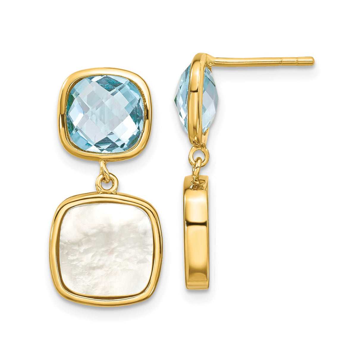 Sterling Silver Dangle Earrings with Swiss Blue Topaz and Mother of Pearl