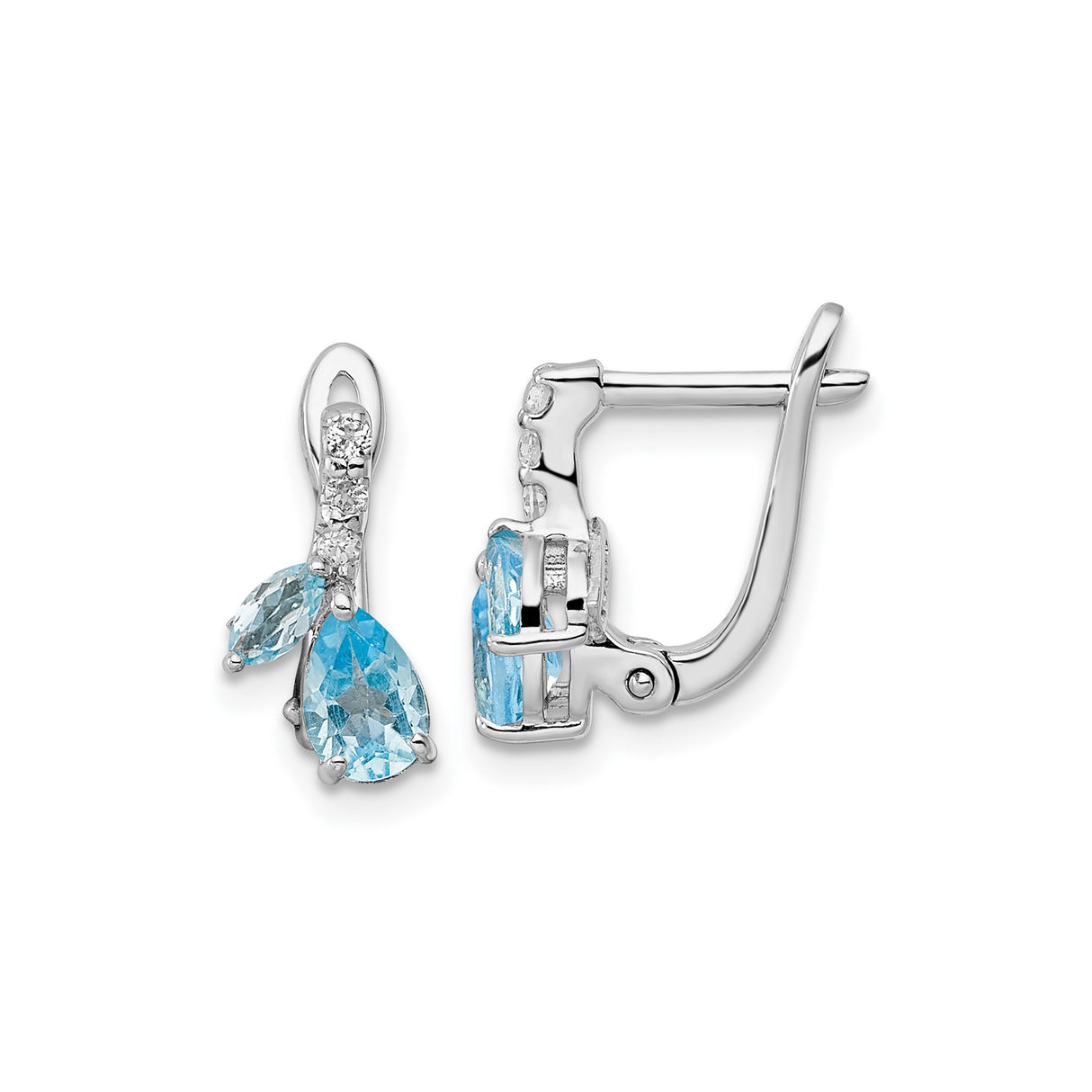Sterling Silver Dangle Earrings with Pear Shaped Swiss Blue Topaz, Floral Design Leverbacks