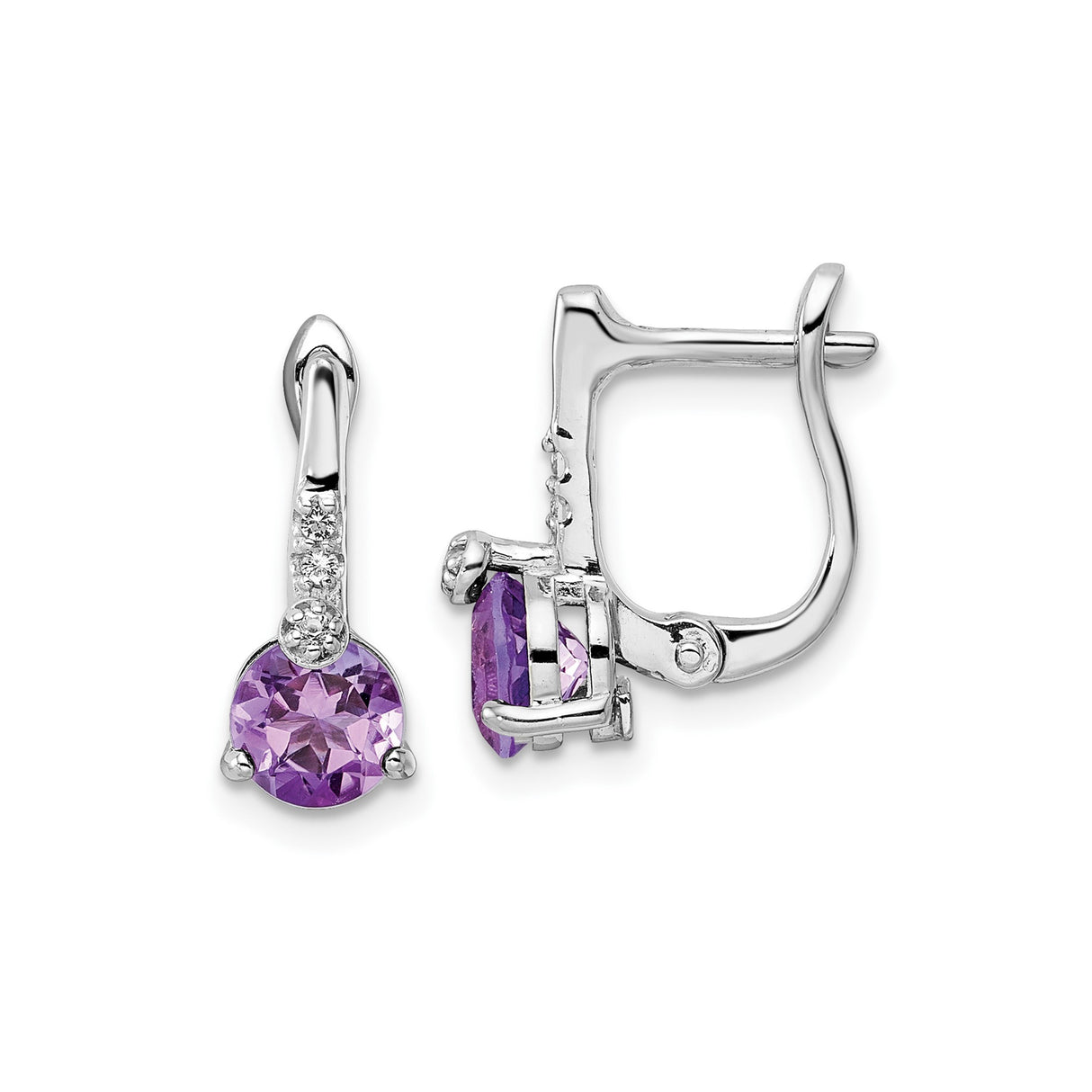 Sterling Silver Dangle Earrings with Round Amethyst and White Topaz Accents, Minimalist Design