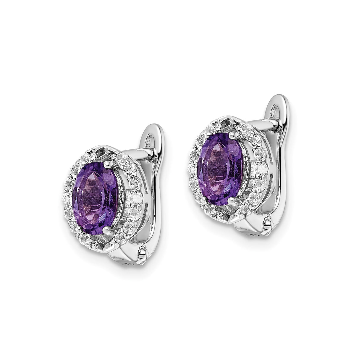 Sterling Silver Drop Earrings with Oval Amethyst and White Topaz Halo Leverback Design