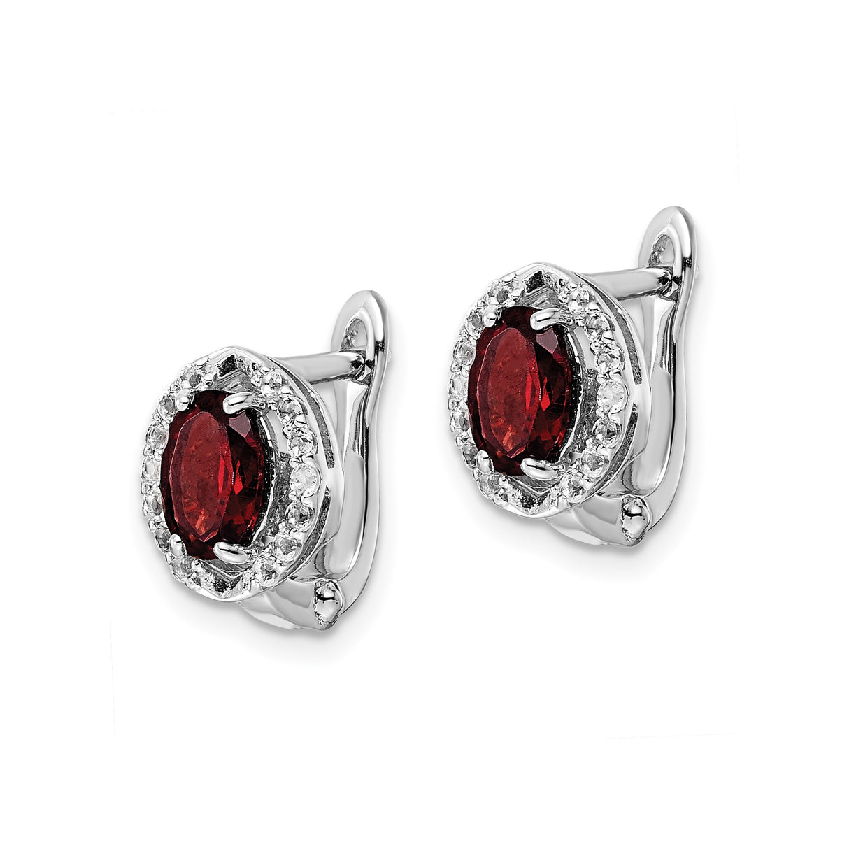Sterling Silver Drop Earrings with Oval Garnet and White Topaz Halo Accents