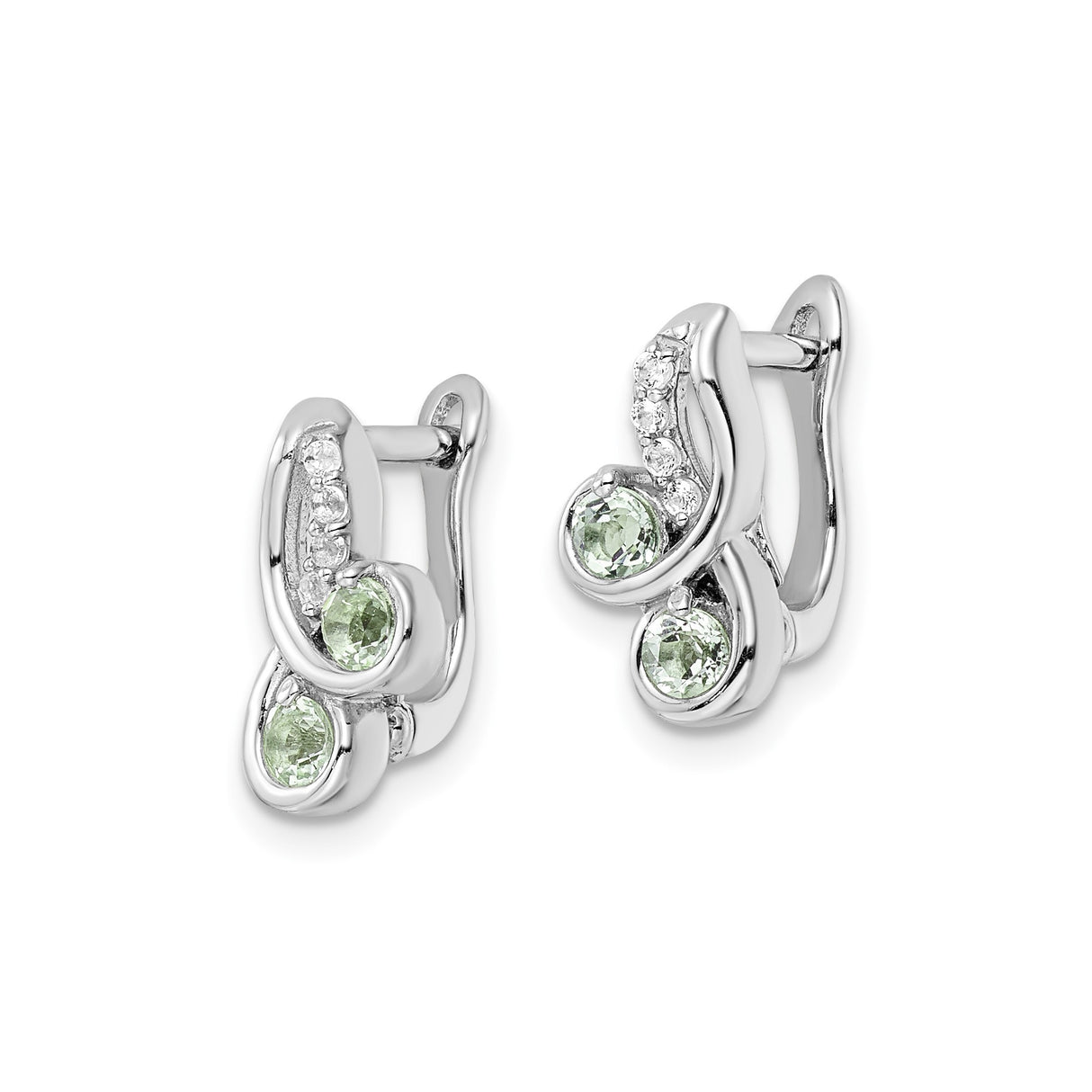 Sterling Silver Leverback Earrings with Light Green Quartz and White Topaz Swirl Design