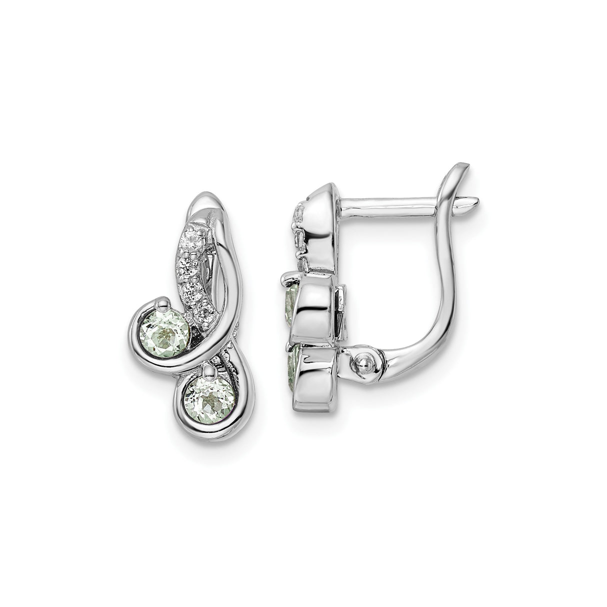 Sterling Silver Leverback Earrings with Light Green Quartz and White Topaz Swirl Design