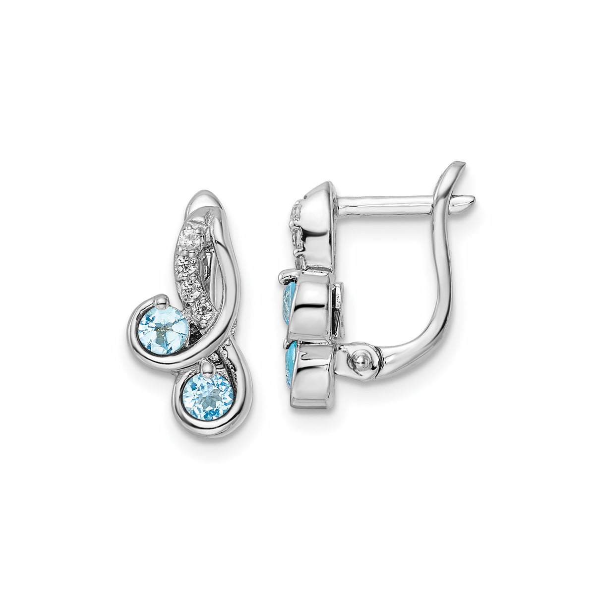 Sterling Silver Leverback Earrings with Sky Blue Topaz and White Topaz Accents, Swirl Dangle Design