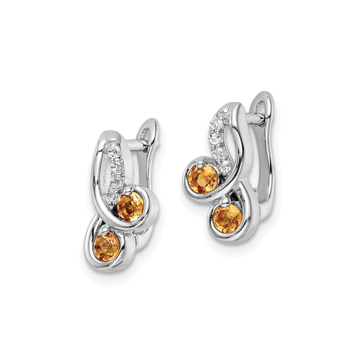 Sterling Silver Earrings with Citrine and White Topaz, Swirl Design, Hinged Backs