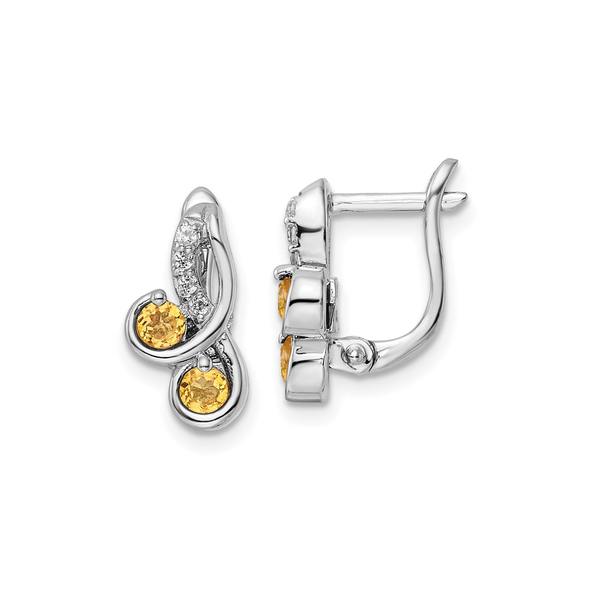 Sterling Silver Earrings with Citrine and White Topaz, Swirl Design, Hinged Backs