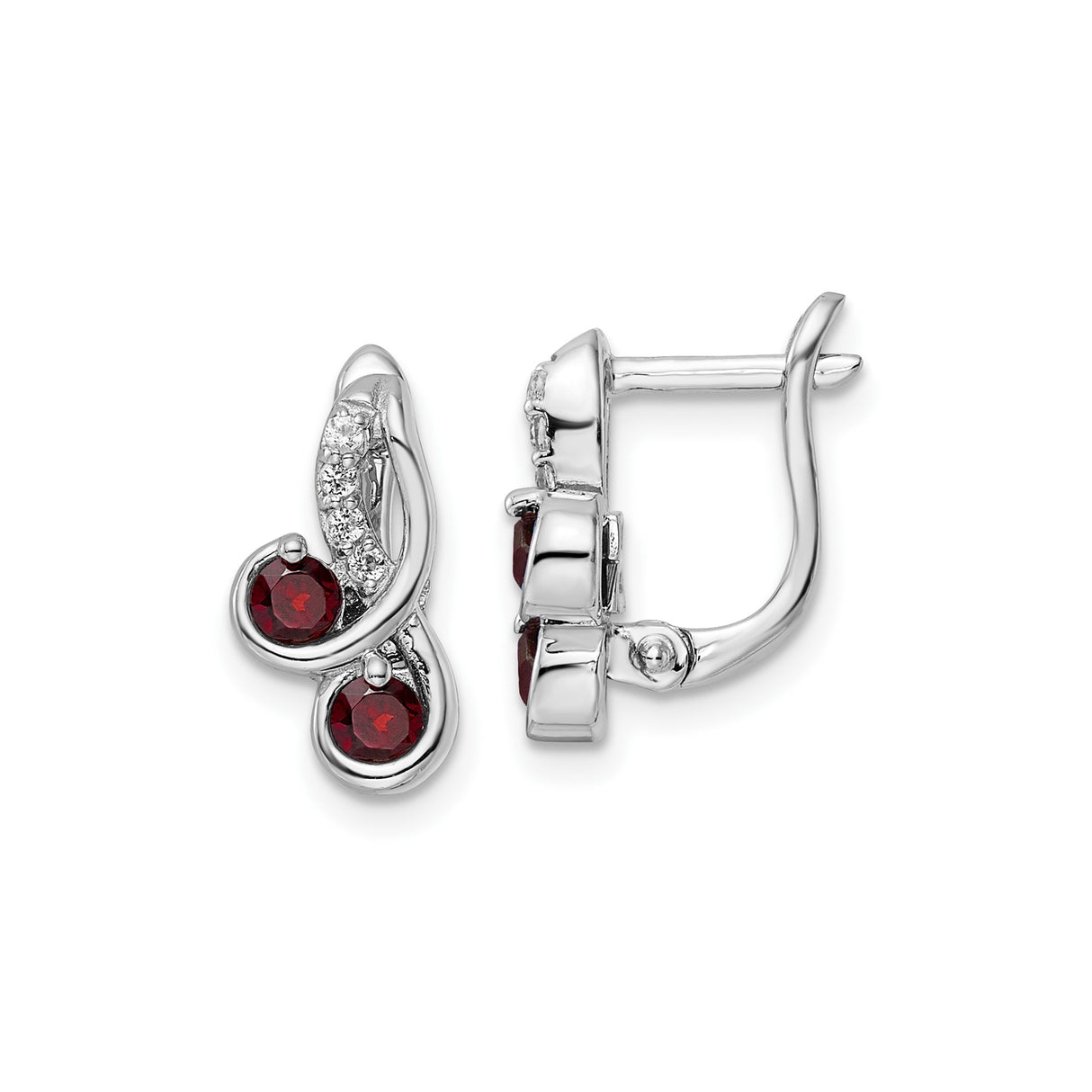 Sterling Silver Drop Earrings with Garnet and White Topaz, Curved Swirl Design